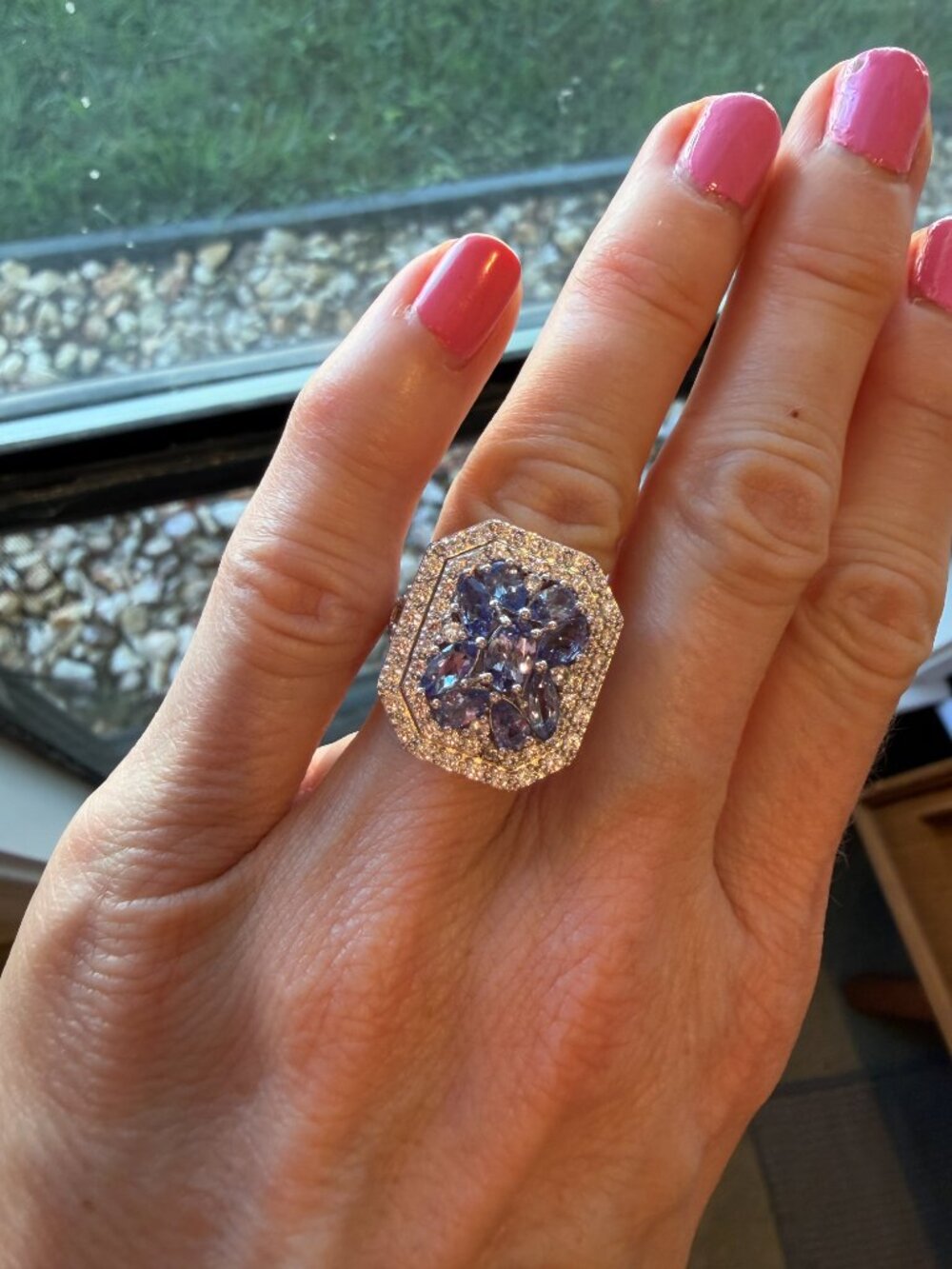 NEW Tanzanite & White Zircon Double Halo Sterling Silver Ring - 5
